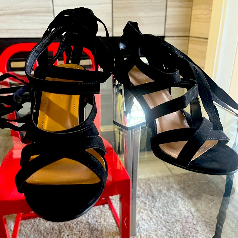 Black Lace Up Block Heel Open Toe - Ashley Stewart